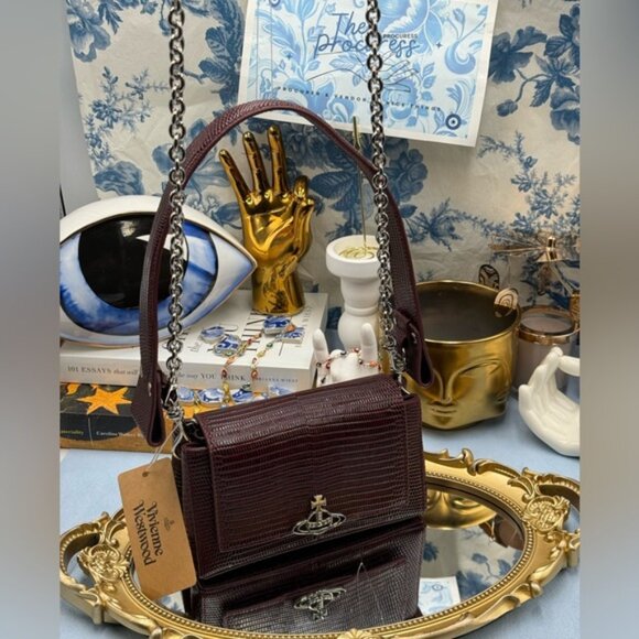 🆕 VIVIENNE WESTWOOD 🧿 NWT Small Burgundy Croc-Embossed Hazel Bag, AUTHENTIC - Picture 2 of 16